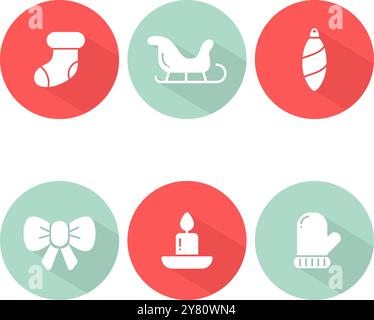 Christmas flat design icons. Round and colored icons with long shadow. Icons set vector illustration. Stock Vector