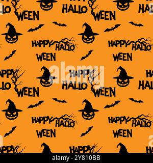 Orange pattern Happy Halloween text, bats and pumpkins in hat, gnarled old tree branches. Dark silhouettes. Vector illustration Stock Vector