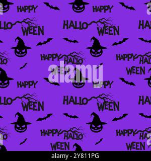 Pattern Happy Halloween text, bats and pumpkins in hat, gnarled old tree branches. Purple background. . Vector illustration Stock Vector