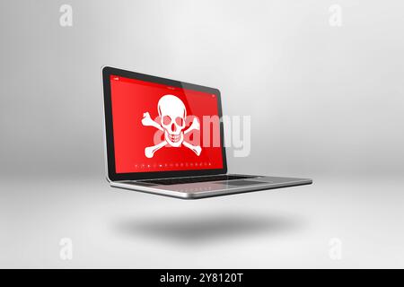 Laptop with a pirate symbol on screen. Hacking and virus concept. 3D illustration isolated on white background Stock Photo