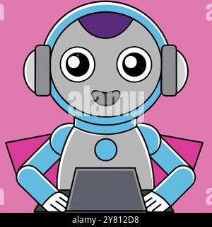 A friendly. cartoon style robot wearing headphones and working on a laptop. Perfect for illustrating technology. AI. or childrens books. Stock Vector