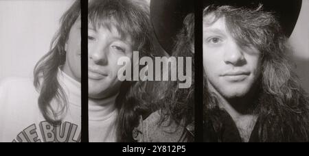 Portrait of Jon Bon Jovi and Richie Sambora of the American rock band Bon Jovi photographed on a half frame camera for New Musical Express in London in 1988 Stock Photo