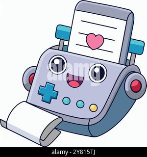 A cheerful. cartoon style illustration of a printer with a heart on its screen and a roll of paper. Perfect for kids projects. branding. or technology Stock Vector