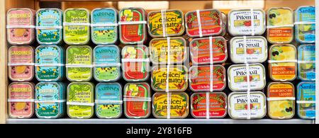 Display of a cans of La Belle Iloise sardines in a shop window. Le Touquet, France. Stock Photo