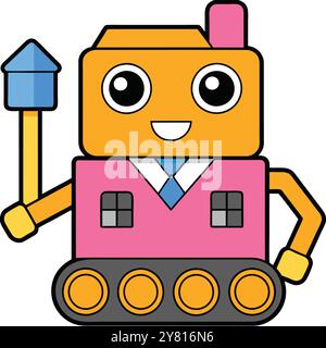 A cheerful robot with large eyes and a friendly smile. It is dressed in a pink suit with a blue tie and has a yellow arm and a blue rocket. Stock Vector