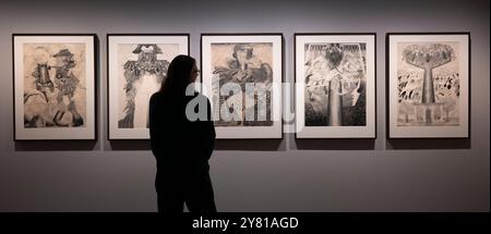 Barbican Art Gallery, London, UK. 2nd Oct, 2024. The Imaginary Institution of India: Art 1975 - 1998 (from 5 Oct 2024-5 Jan 2025) is the world's first exhibition to explore and chart this period of significant cultural and political change in India. Image: Works by Vivan Sundaram (1943-2023), Collection Kiran Nadar Museum of Art, New Delhi. Credit: Malcolm Park/Alamy Li Stock Photo