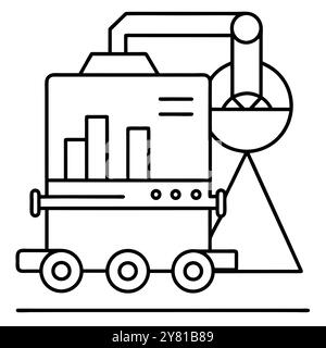 A simple line art icon depicting a futuristic robot with a display showing a bar graph. emphasizing data driven automation. Stock Vector