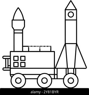 A simple. black and white illustration of a rocket on a launchpad. perfect for educational materials. childrens books. or branding projects related to Stock Vector