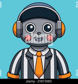 A friendly cartoon robot with large eyes. wearing headphones and a suit. This image is perfect for projects related to technology. AI. and future adva Stock Vector