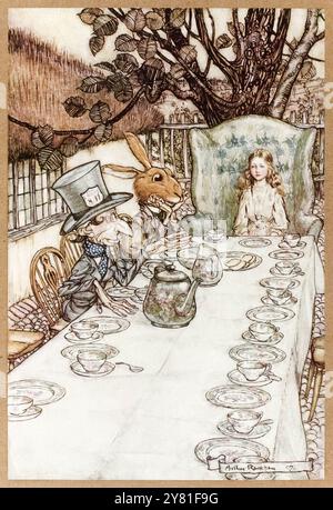 “A Mad Tea Party” illustration from 'Alice's Adventures in Wonderland' by Lewis Carroll (1832-1898), artwork by Arthur Rackham (1867-1939) showing Alice at the Mad Hatter's tea party with the March Hare and the Dormouse. Photograph from a 1907 first edition published by William Heinemann, London and Doubleday, Page & Co, New York. Credit: AF Fotografie / Private Collection Stock Photo