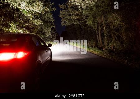 Looking behind a car parked on the side of the road on a mysterious night on a straight road through a dark spooky forest. Stock Photo