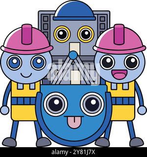 Cute cartoon robots in hard hats. holding a large robot with a tongue sticking out. symbolizing the fun side of AI and technology. Stock Vector