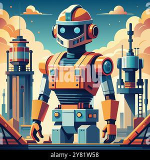 A friendly looking robot. wearing a construction helmet. stands on a platform in a futuristic city. This illustration is perfect for conveying themes Stock Vector