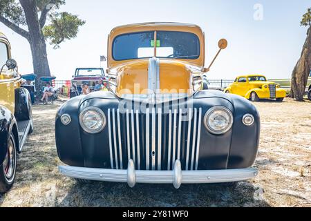 Gulfport, MS - October 03, 2023: High perspective front view of a 1946 Ford Model F1 Pickup Truck at a local car show. Stock Photo
