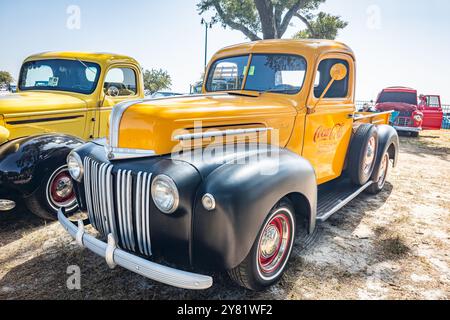 Gulfport, MS - October 03, 2023: High perspective front corner view of a 1946 Ford Model F1 Pickup Truck at a local car show. Stock Photo