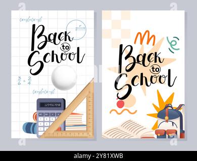 Back to school banner. Hand written text with backpack schoolbag, books, ruler and calculator educational elements. Vector illustration Stock Vector