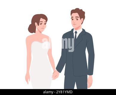 Wedding couple. Bride in white dress and Groom in blue suit holding each other hands. Wedding ceremony. Cartoon characters design. Vector illustration Stock Vector