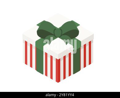 Gift box in isometric style. Surprise present with green bow and ribbon. Stripped wrapping box. Vector illustration isolated on white background Stock Vector