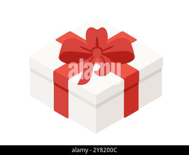 Gift box in isometric style. Surprise present with red bow and ribbon. White wrapping box. Vector illustration isolated on white background Stock Vector
