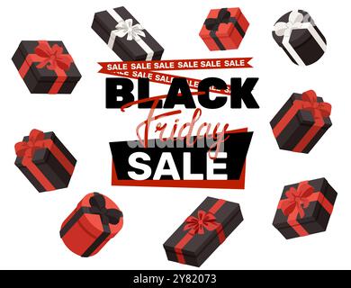 Black Friday sale banner with many gift boxes around. Red and black box with bows. Design template for sale promotion, advertising and social media Stock Vector