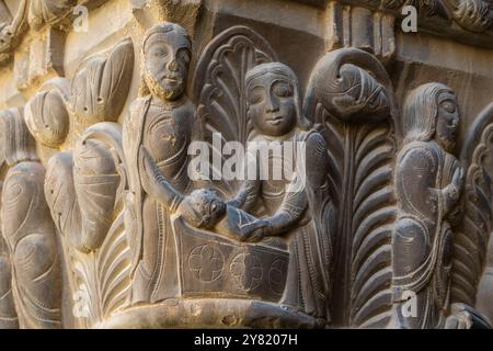 Birth of the Virgin Mary, restored capital, San Pedro el Viejo Monastery, Huesca, Aragon community, Spain Stock Photo