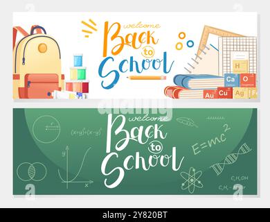 Welcome Back to school banner. Hand written text with backpack schoolbag, books, ruler and globe educational elements. Vector illustration. Horizontal Stock Vector