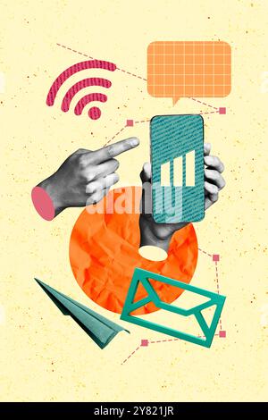Sketch collage image of person use device touch screen wifi connection isolated on drawing background Stock Photo