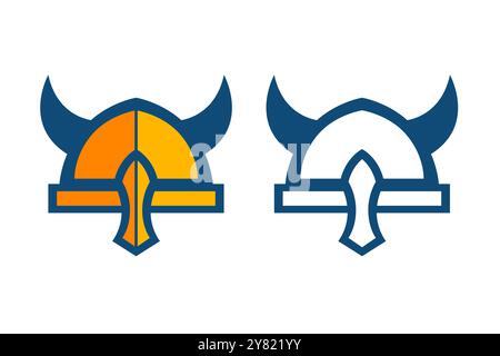 Set of colorful and white horned Viking helmets. Cartoon style head armor. Traditional medieval north mascot. Vector illustration isolated on white ba Stock Vector