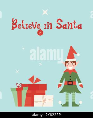 Happy holidays 2024 greeting cards collection. Cute and funny flat Christmas cartoon elf character postcard with warm wishes. Believe in Santa Stock Vector