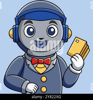 Friendly cartoon robot wearing a suit and headphones. holding a stack of credit cards. Perfect for illustrating concepts like AI. fintech. customer se Stock Vector