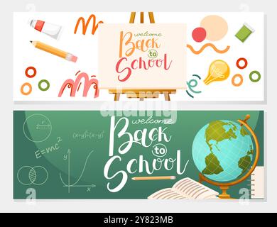 Welcome Back to school banner. Hand written text with green chalkboard, pencil, dye and globe educational elements. Vector illustration. Horizontal Stock Vector