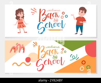 Text Welcome Back to school with two children. Colored font. Hand drawn lettering style, calligraphy. Ready for greetings card design. Vector Stock Vector