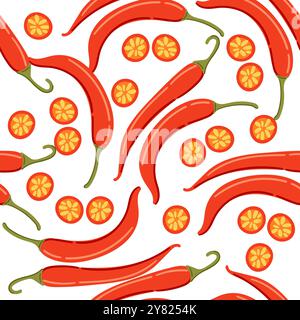 Seamless pattern of whole and slice of red chili pepper. Repeatable wallpaper. Spicy red vegetable, hot peppers. Vector illustration on white Stock Vector