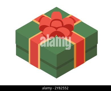 Gift box in isometric style. Surprise present with red bow and ribbon. Green wrapping box. Vector illustration isolated on white background Stock Vector