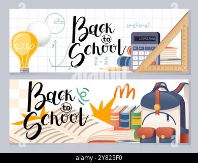 Back to school banner. Hand written text with backpack schoolbag, books, ruler and calculator educational elements. Vector illustration Stock Vector