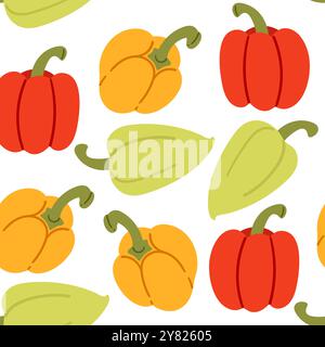 Seamless pattern of assorted bell peppers - red, green, and yellow. Fresh vegetable bulgarian pepper. Sweet paprika set, natural ripe veggies. Stock Vector