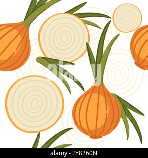 Seamless pattern of whole and slice of onion with green leaves. Fresh raw vegetable bulb with peel. Repeatable wallpaper. Vector illustration on white Stock Vector