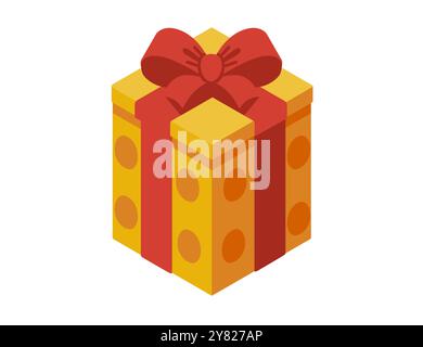 Gift box in isometric style. Surprise present with red bow and ribbon. Yellow wrapping box. Vector illustration isolated on white background Stock Vector