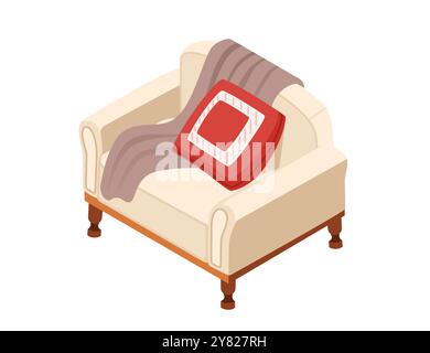 Beige soft armchair with red pillows and blanket. Isometric style cozy seat. Vector illustration isolated on white background Stock Vector