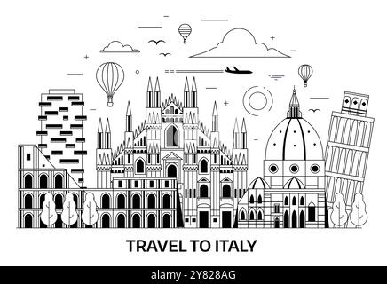 Travel Italy Banner with Landmarks in Line art Stock Vector