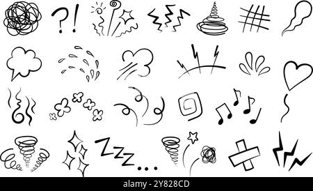 Manga or anime comic emoticon element graphic effects hand drawn doodle vector illustration set Stock Vector