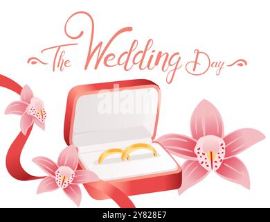 Elegant wedding invitation design with an open ring box and pink orchids. Ideal for wedding cards, invitations, or event decorations Stock Vector