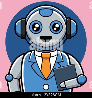 Friendly robot in a suit. wearing headphones and holding a tablet. perfect for AI. technology. and customer service illustrations. Stock Vector