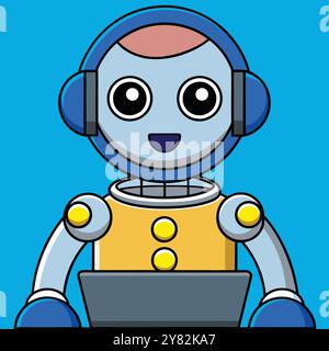 A friendly cartoon robot with big eyes and a happy expression. wearing blue headphones and working on a laptop. Perfect for illustrating technology. A Stock Vector