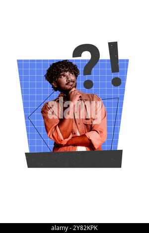 Trend artwork composite sketch image 3D photo collage of caricature young man hand hold face think smart puzzle startup question symbol Stock Photo