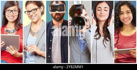 Adults using various technologies for work and leisure as a collage Stock Photo
