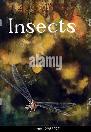 Watercolour art dragonfly / damselfly, against abstract impressionist ...