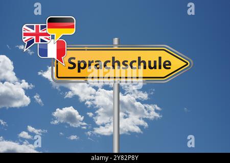 A Direction Sign for a Language School Featuring Various International Flags  Stock Photo