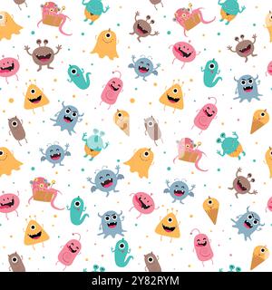 Halloween seamless pattern vector design. Halloween monsters characters creature in seamless endless pattern for wallpaper background. Vector Stock Vector