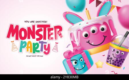 Monster party greeting card vector banner design. Birthday halloween invitation card with bunny cake, gift box and juice characters for costume party Stock Vector